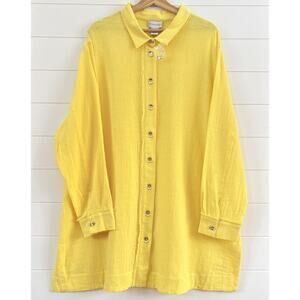 SOFT SURROUNDINGS Linen Cotton Button Up Tunic Raw Edge Metal Tabs Yellow 2X
